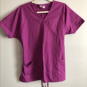 Butter-Soft Mock Wrap Scrub Top Purple Large
